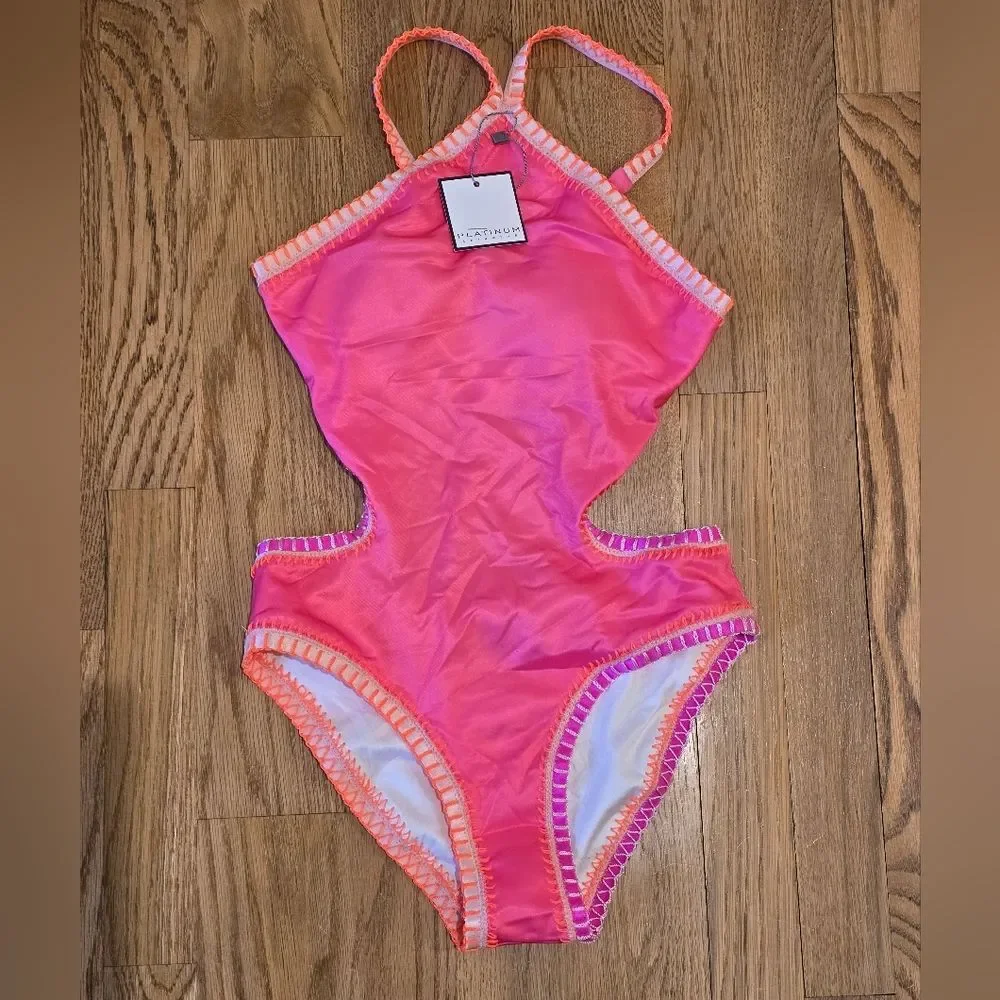 PQ Swim x Platinum Exclusive Crochet Trim Halter Neck One Piece Swimsuit NWT S